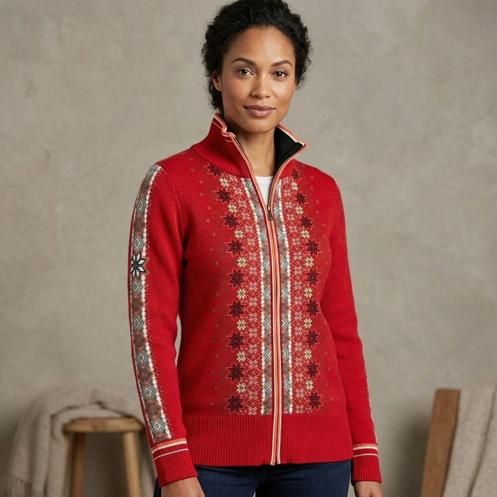 Eddie Bauer Women’s Full Zip Sweater Red Fair Isle Nordic Snowflake Sample Size